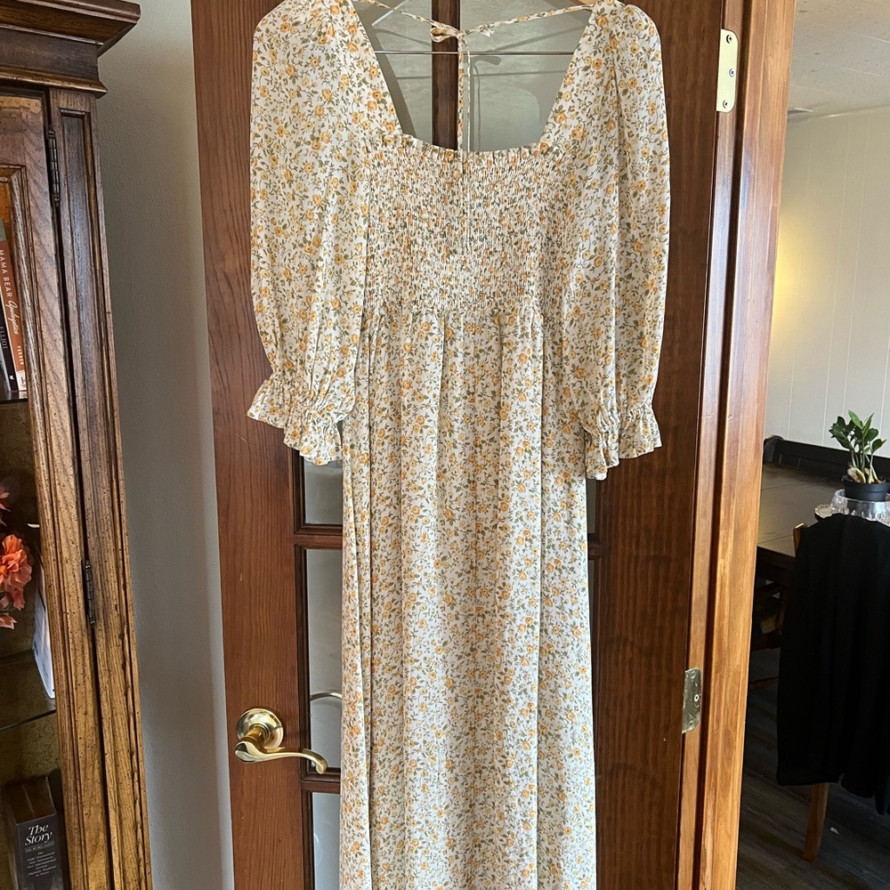 Reformation Floral Long Sleeve Dress in Cream and Yellow